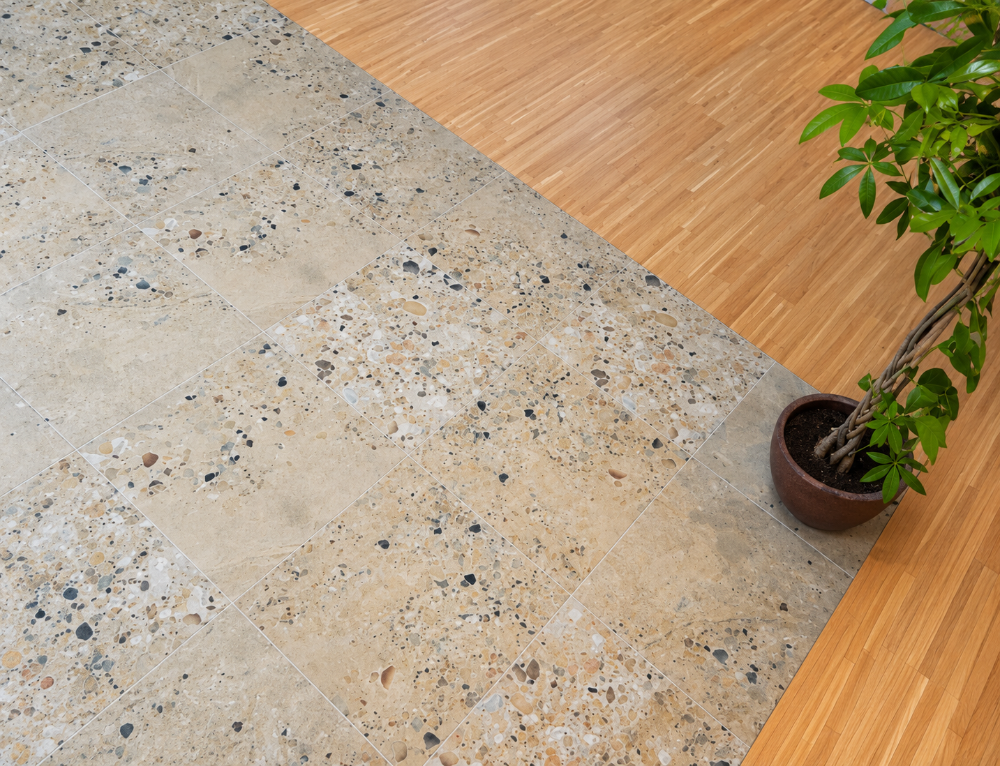 Beige terrazzo floor beside warm wood