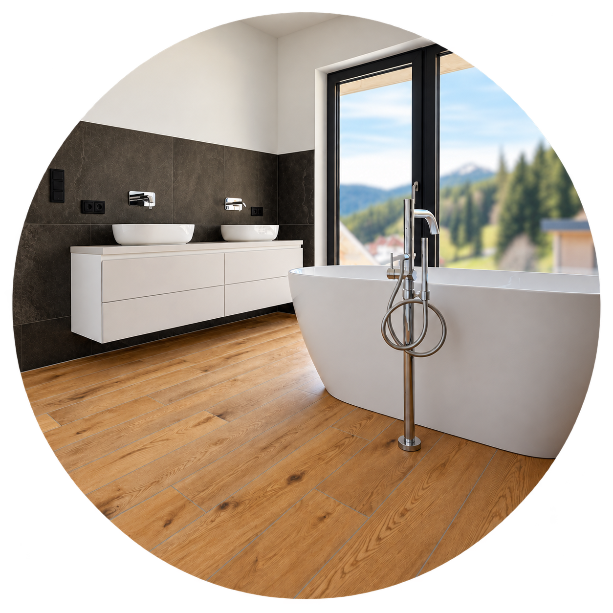 Circular modern bathroom with blurred outdoor view Badezimmer mit Bodenfliesen in Holzoptik, freistehender Badewanne und anthrazitfarbenen Wandfliesen im Großformat, Blick auf die Tiroler Berge - verlegt von Fliesen Design Tirol