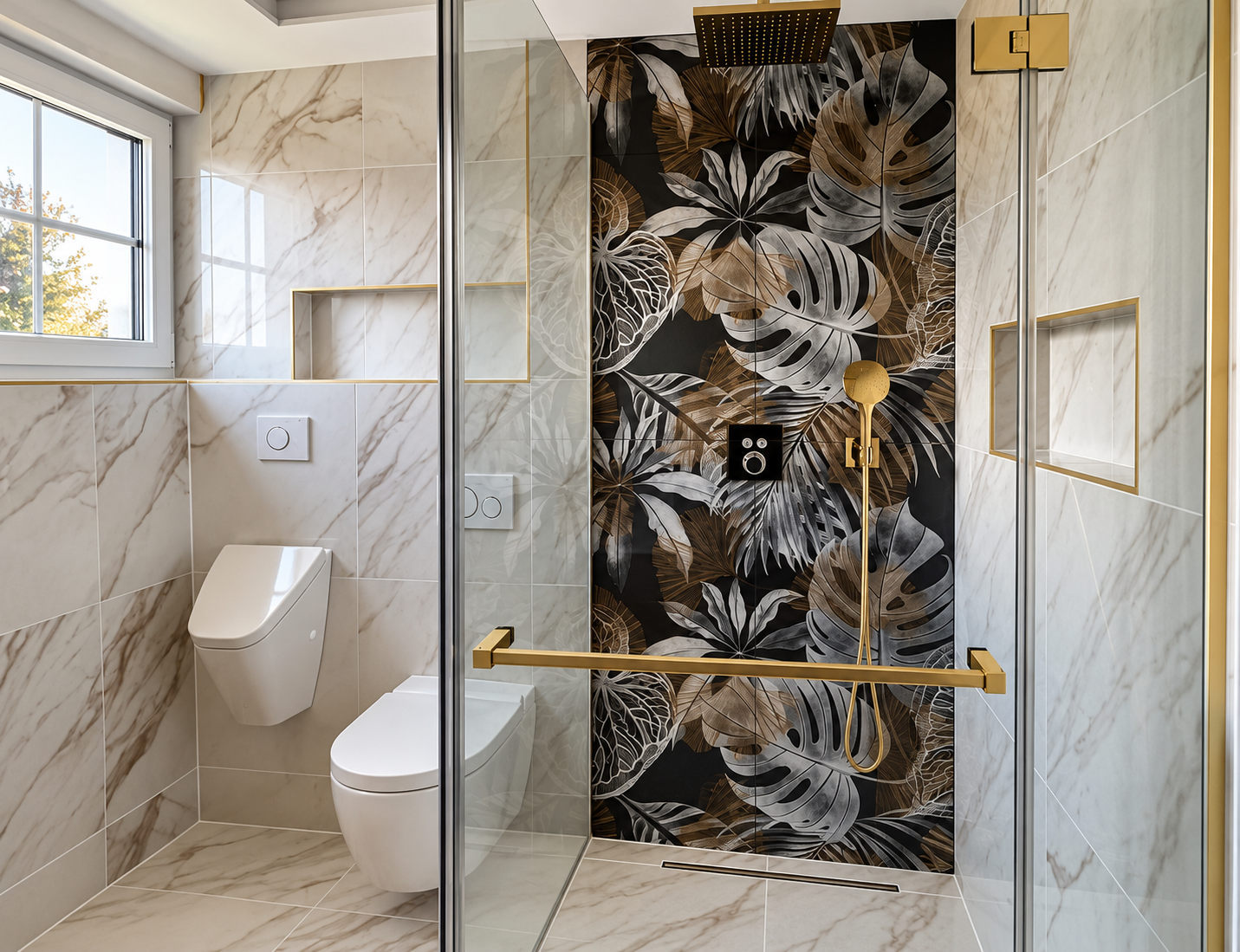 Dark botanical shower with gold accents