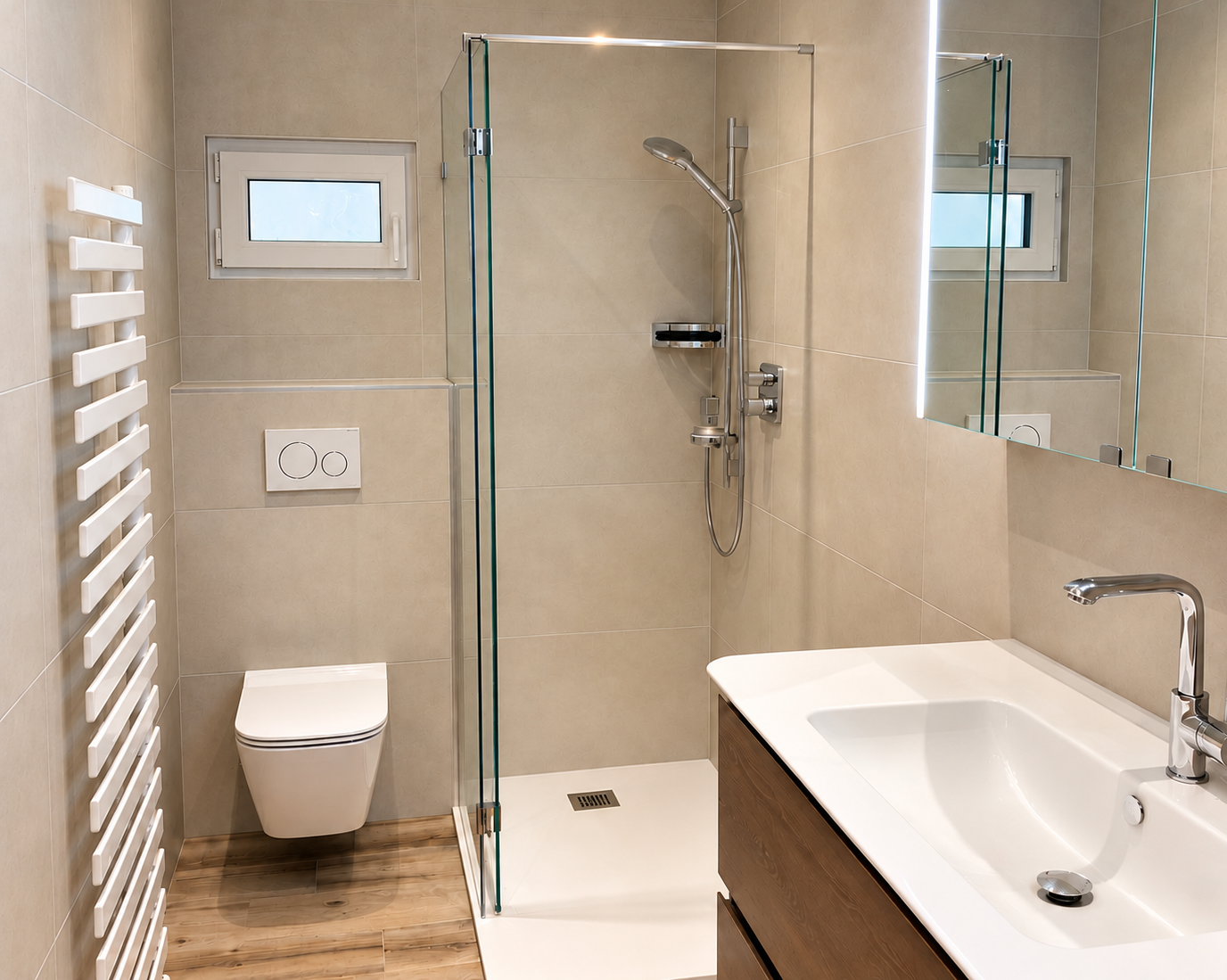 Greige Bathroom With Window and Shower