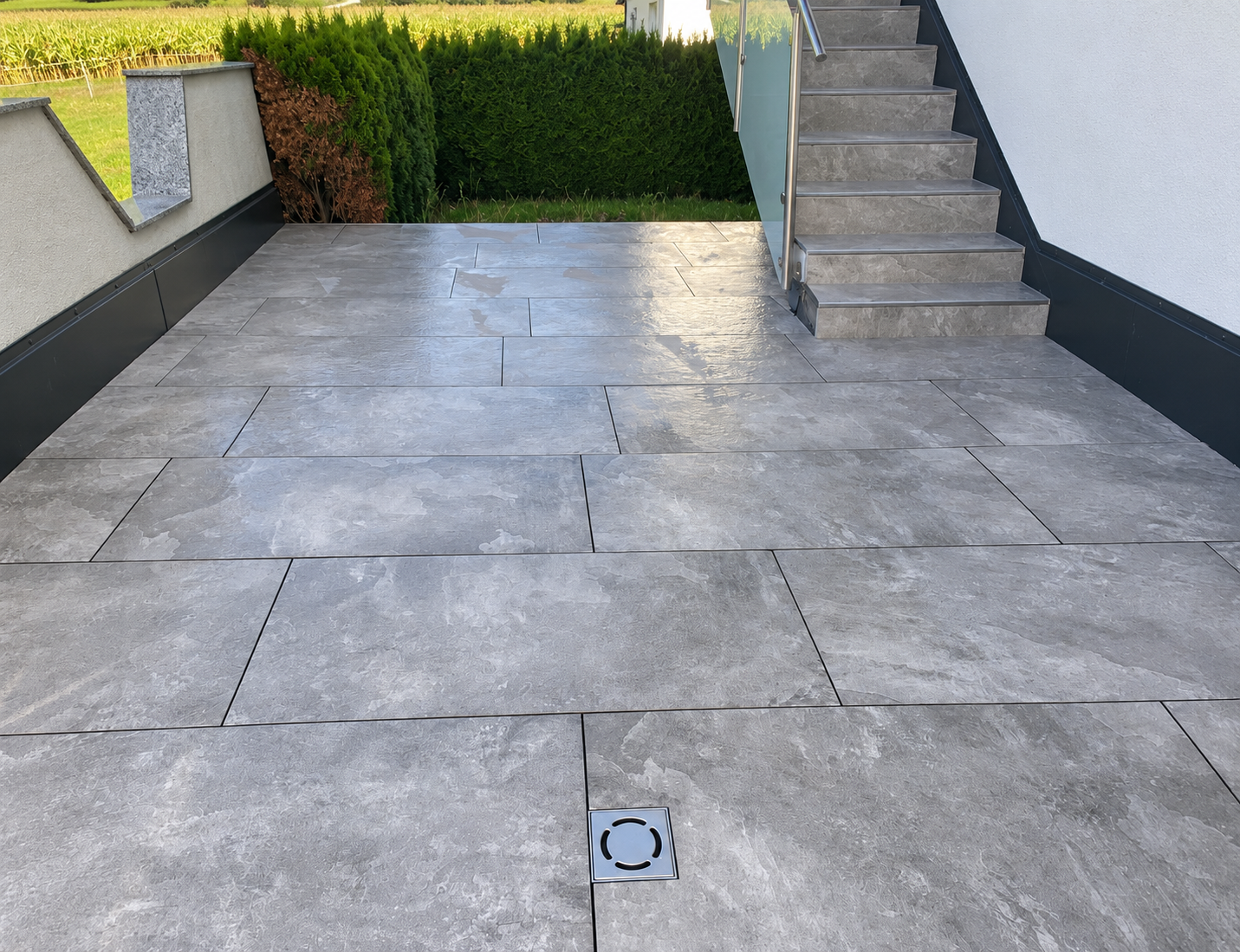 Grey Terrace Tiles With Drain And Stairs
