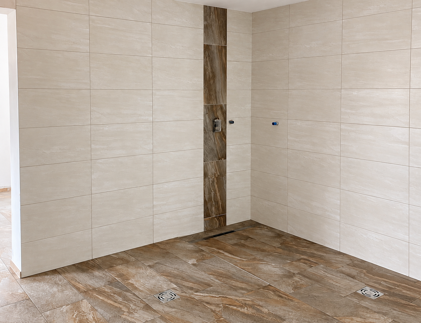 Ivory walls, brown accent, stone floor