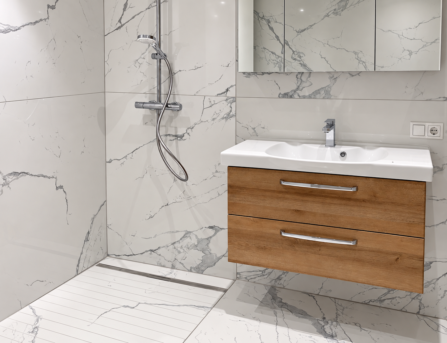 Marble bathroom with floating vanity and shower