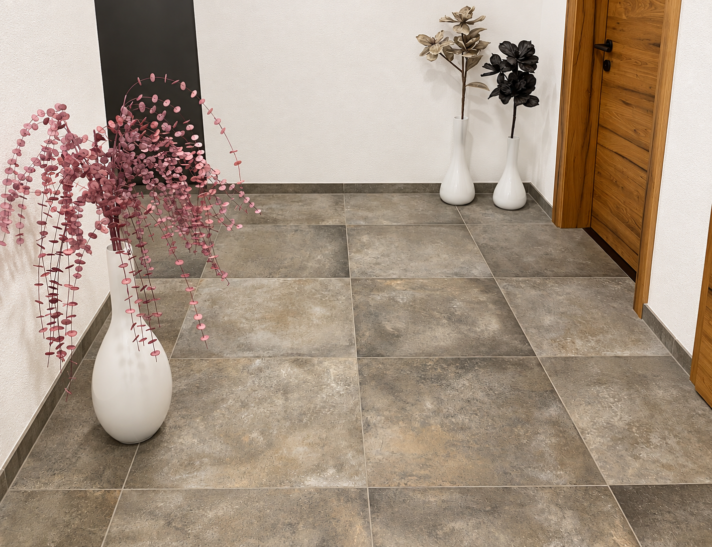 Naturally lit tiled hallway with vases