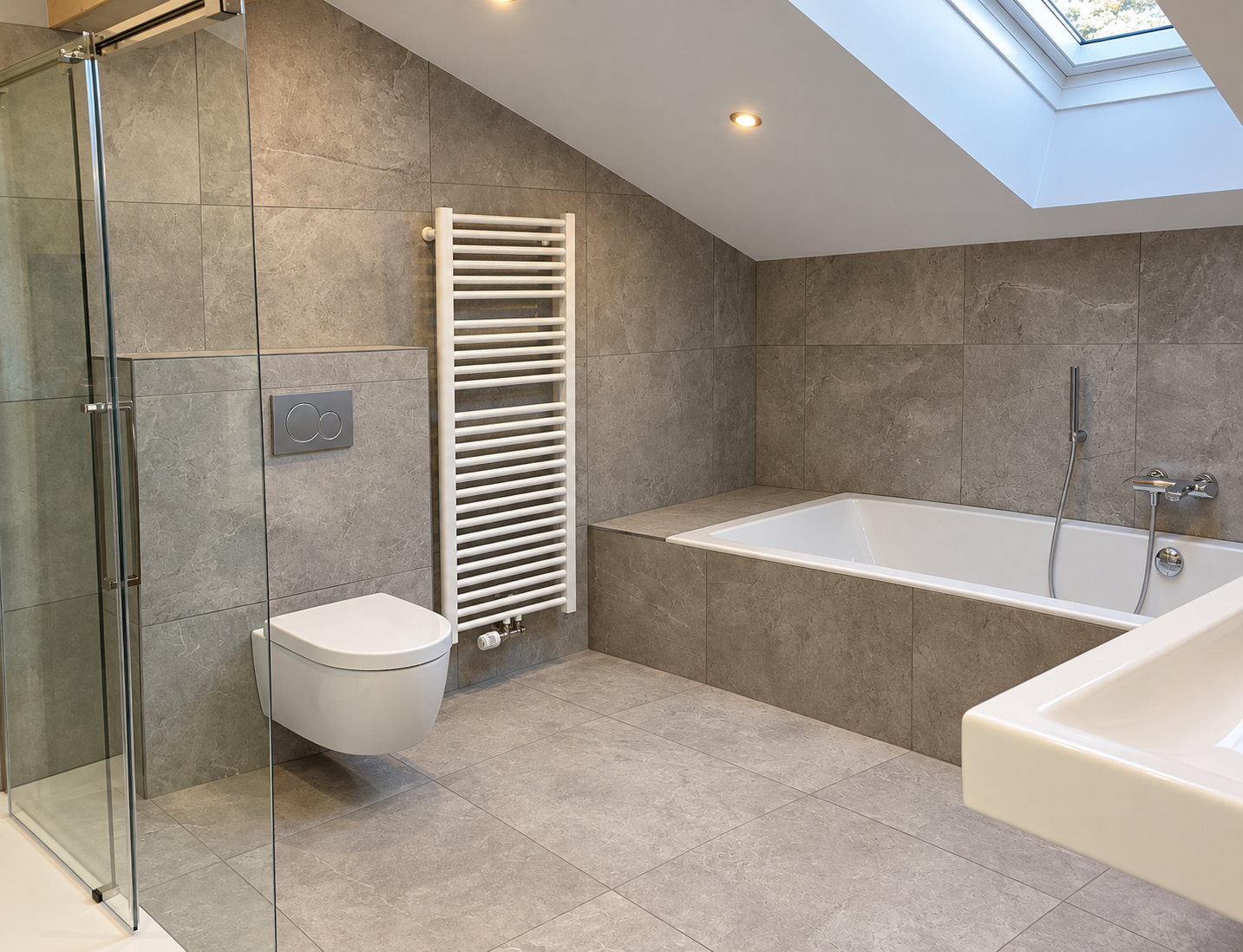 Neutral tiled attic bathroom retreat