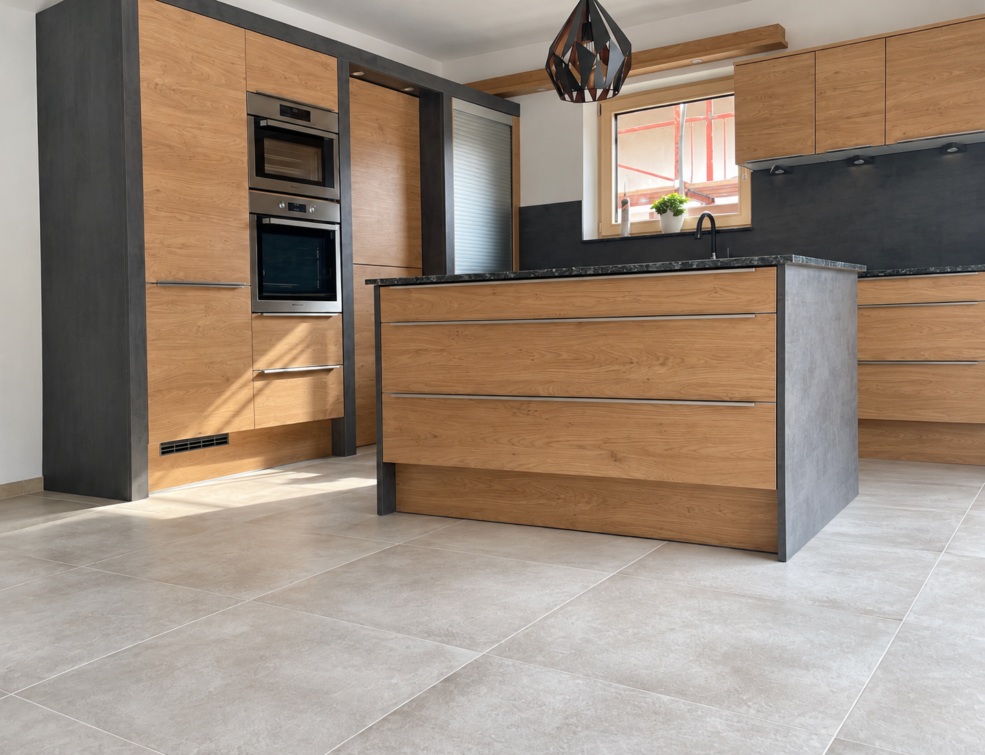 Oak kitchen with pale gray tiled floor
