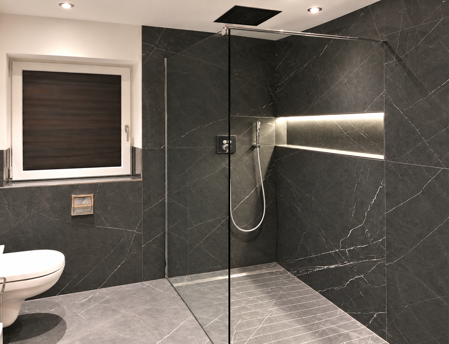 Refined charcoal marble shower interior