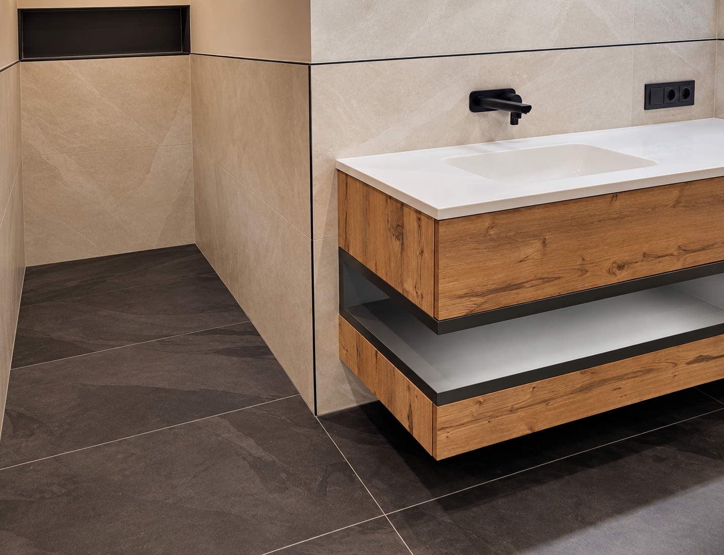 Rustic Oak Vanity and Slate Floor