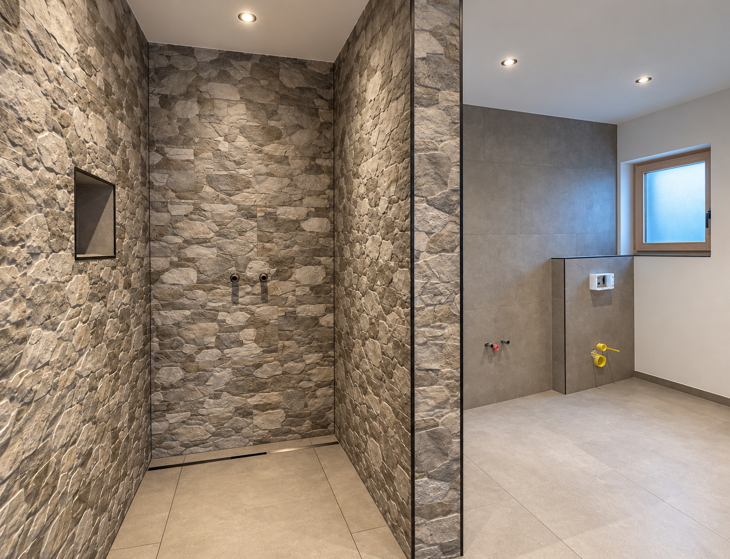 Stone-look shower, three-quarter view