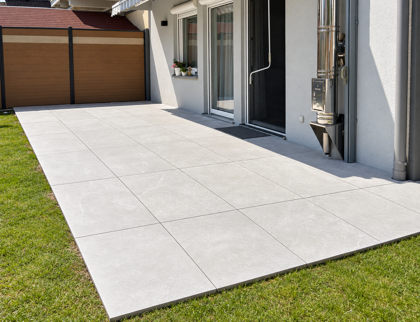 Sunlit stone patio with wood privacy screen