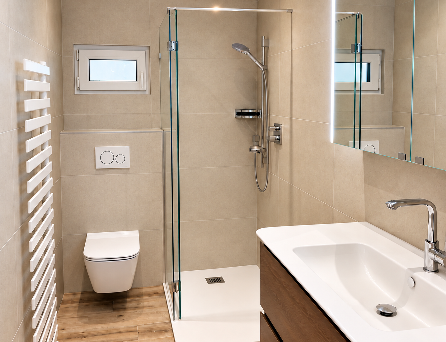 Warm-neutral tiled bathroom