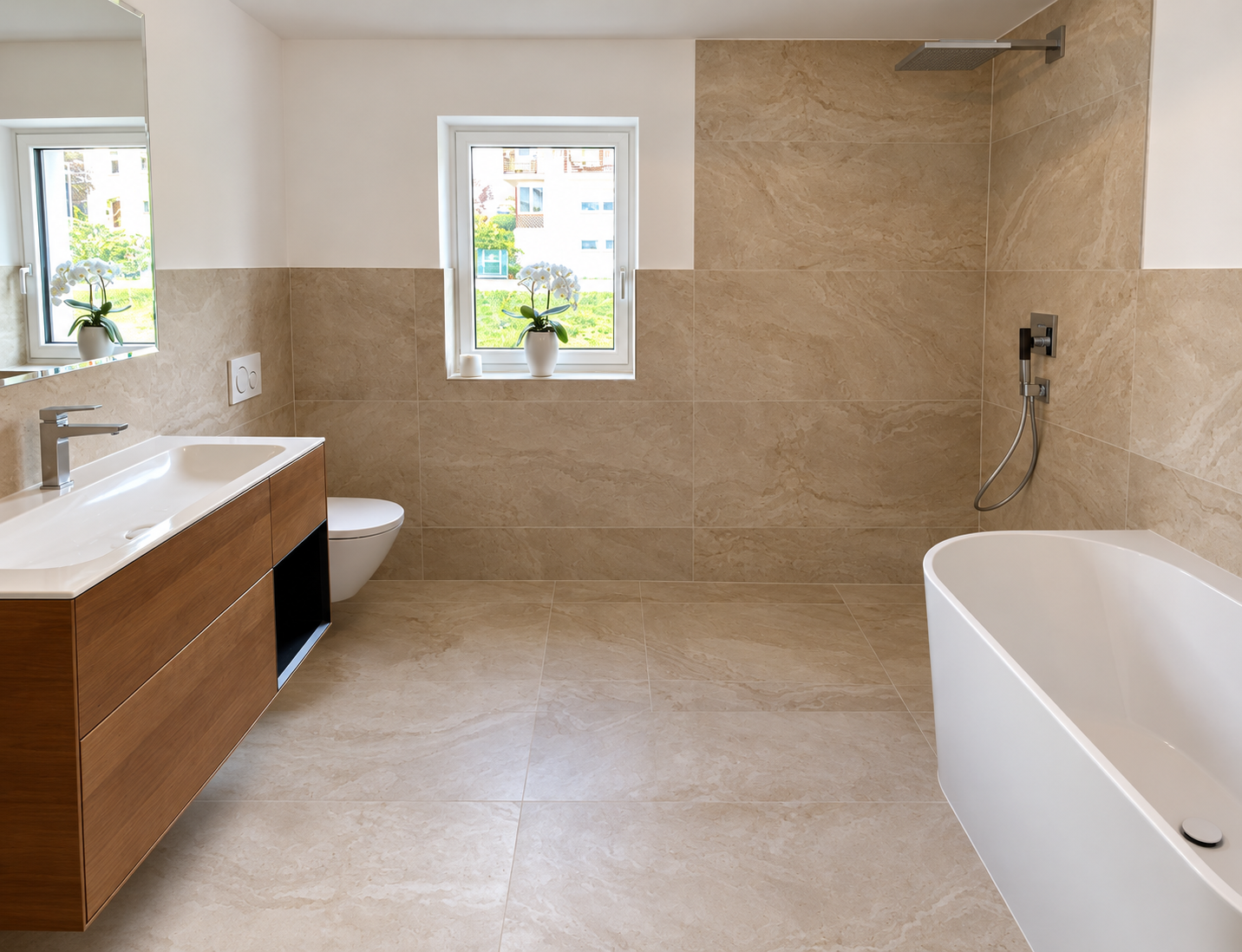 Warm tiled bathroom with orchid and tub