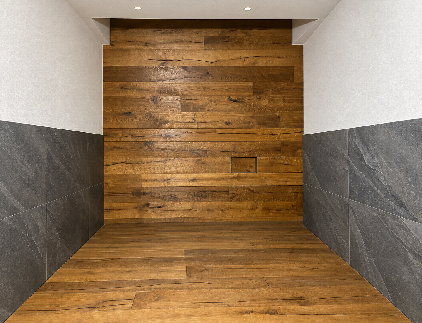 Wood-look feature wall with stone sides